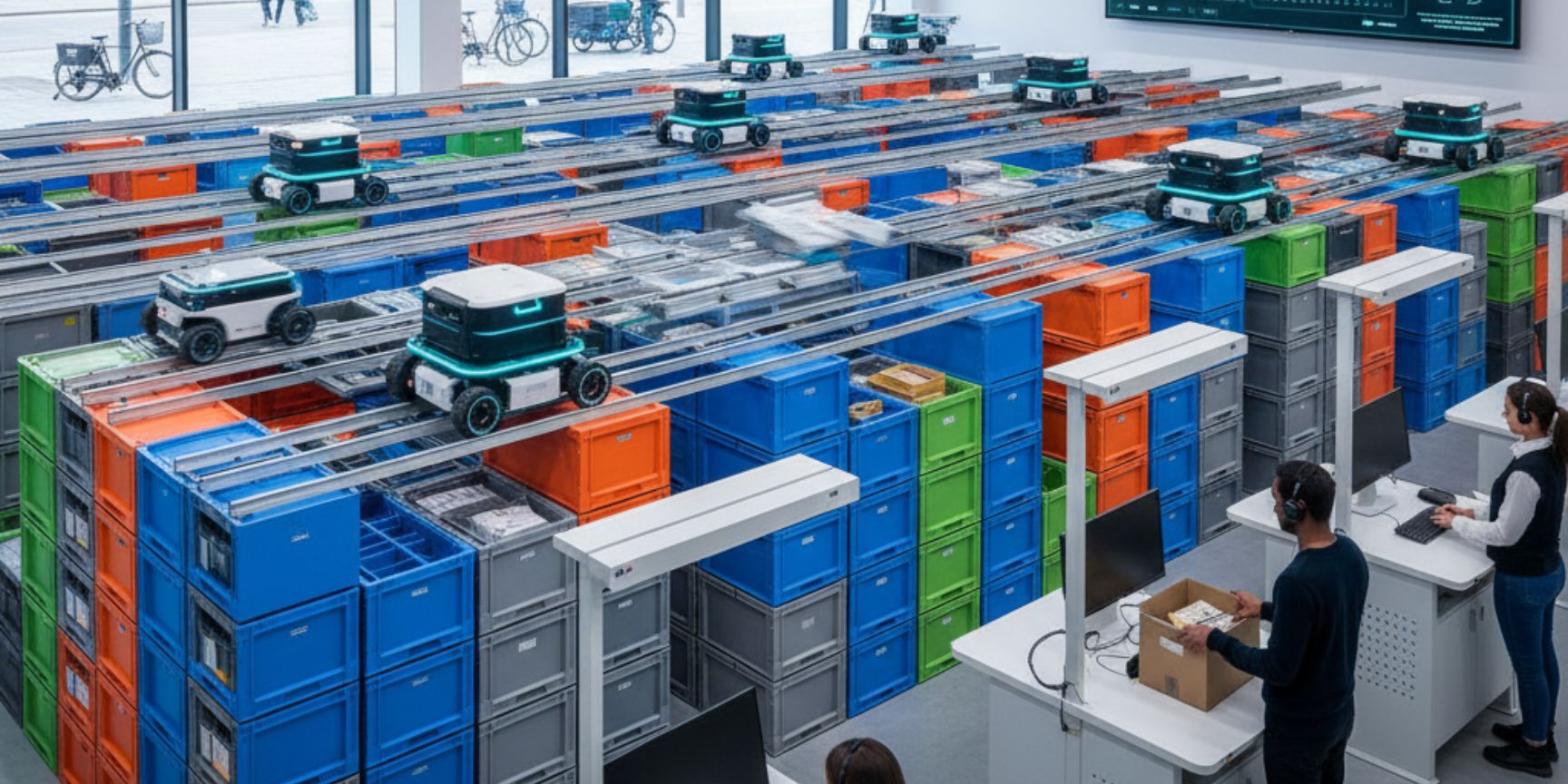 A modern, bright nano-warehouse in an urban building. Autonomous robots move on a grid above stacks of colorful storage containers. In the foreground, several people are working at picking stations and packing goods, while in the background, the busy city life is visible through large windows. A large screen shows logistics analysis data.